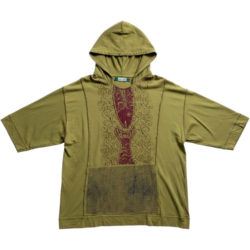 Blue Fish Womens Olive Green Hand Printed Fish Hoodie Oversized Lagenlook Top II